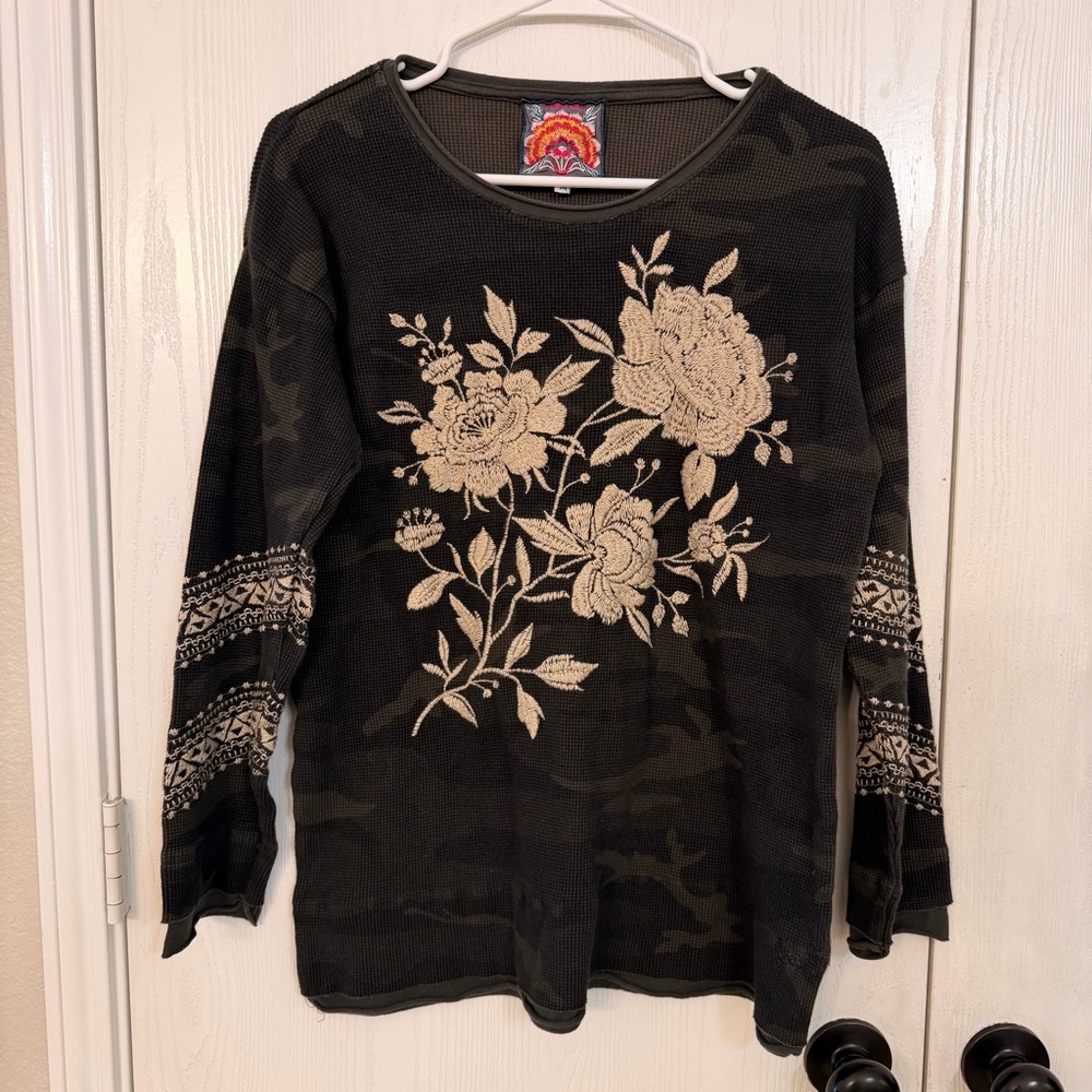 Johnny Was Black Camouflage Long Sleeve Tee with Cream Floral Embroidery
